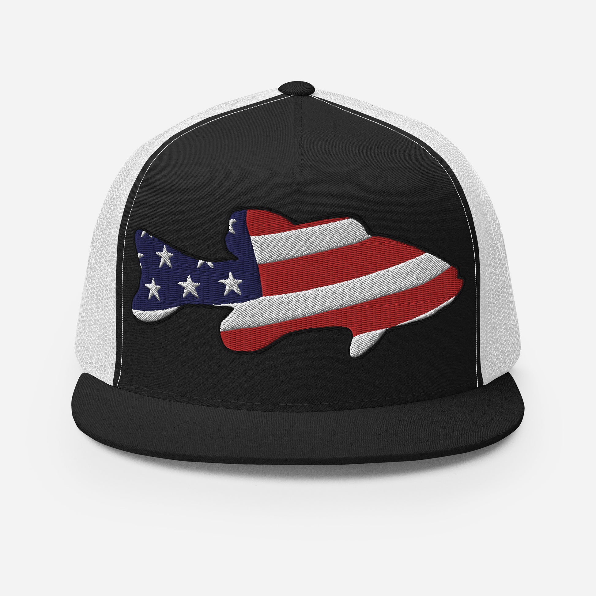 A Black and White 5 panel Truck Cap with an embroidered Bass with an American Flag Background