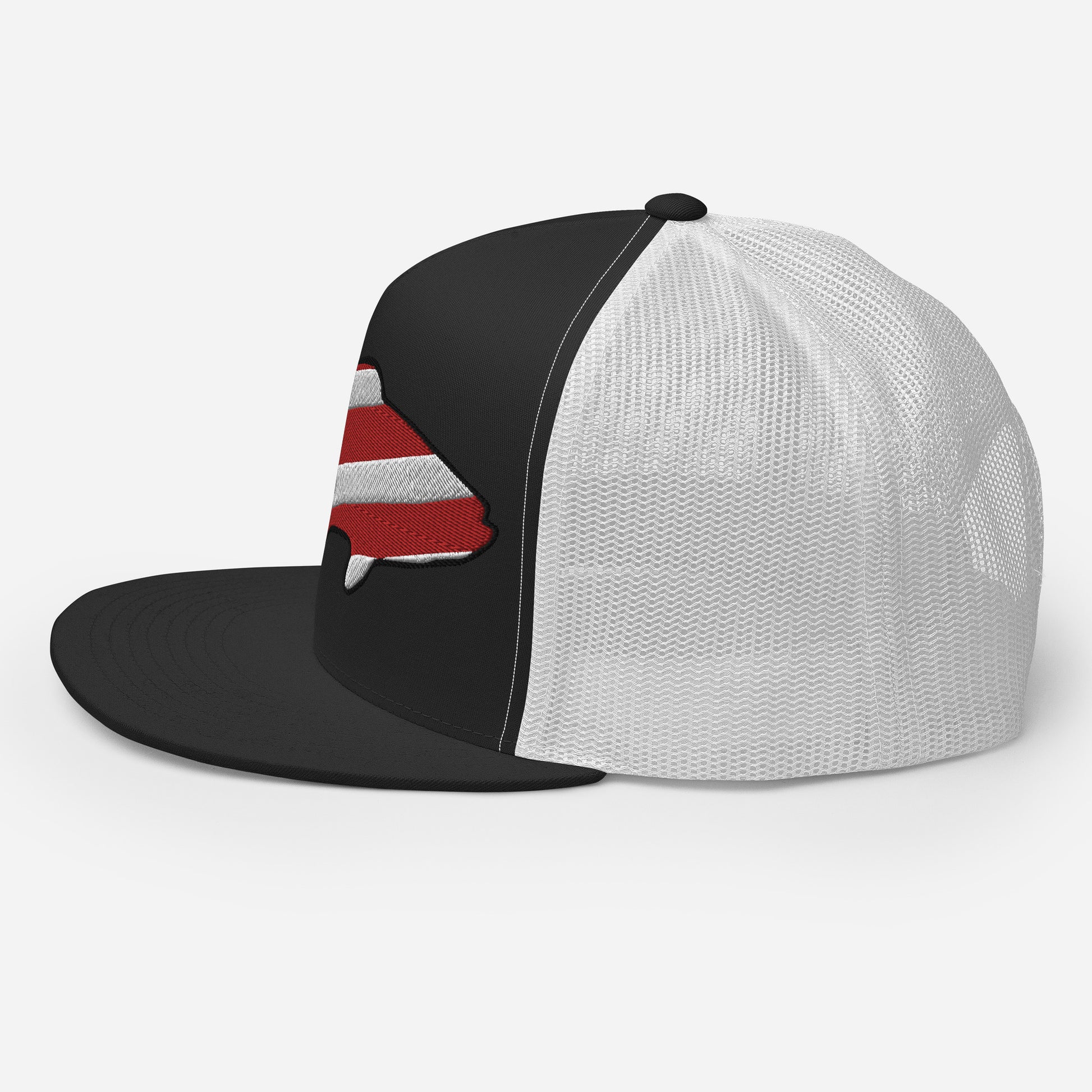 The side view of A Black and White 5 panel Truck Cap with an embroidered Bass with an American Flag Background