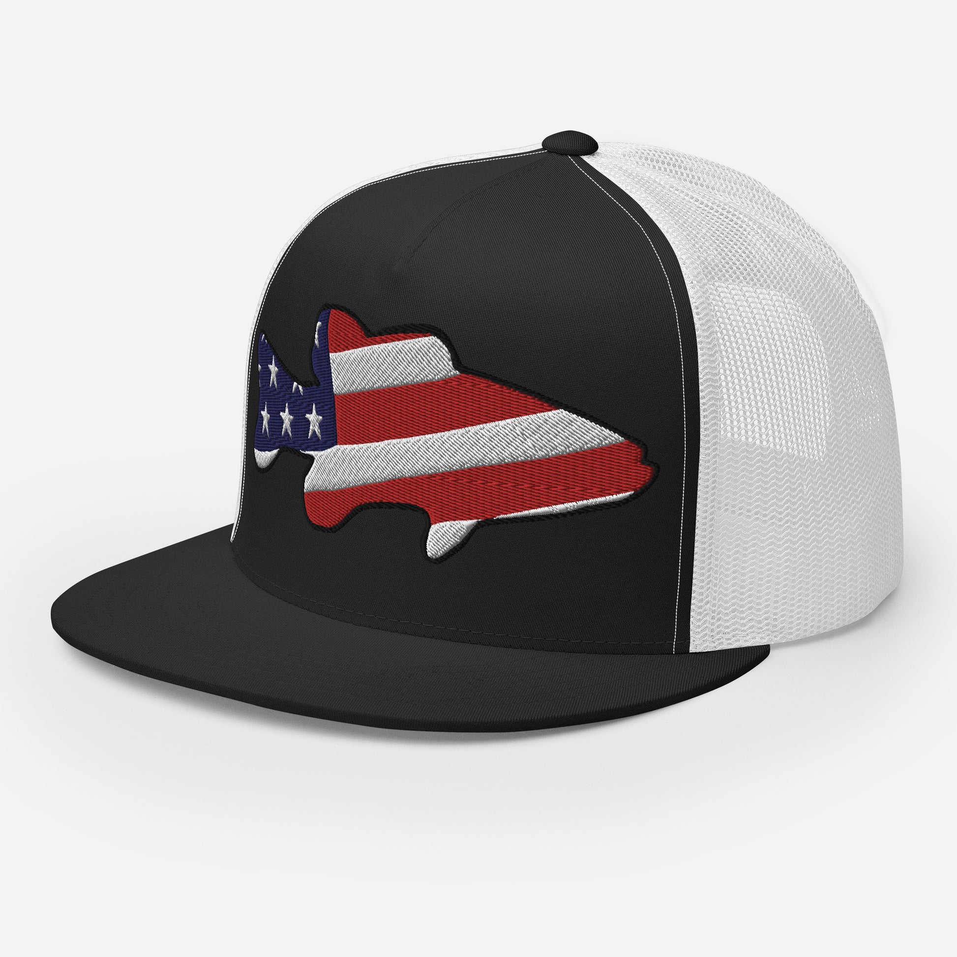 A three quarters view of a A Black and White 5 panel Truck Cap with an embroidered Bass with an American Flag Background