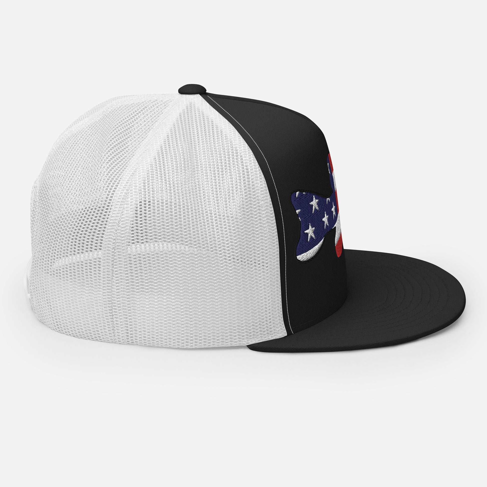 A side view of a A Black and White 5 panel Truck Cap with an embroidered Bass with an American Flag Background