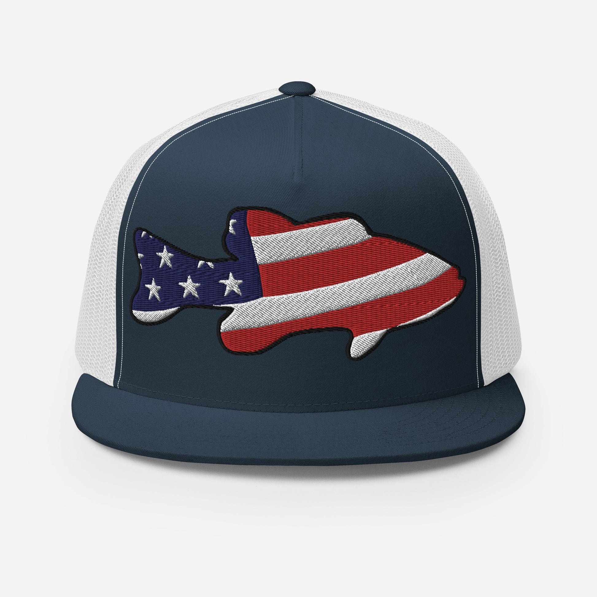 A Blue and White 5 panel Truck Cap with an embroidered Bass with an American Flag Background